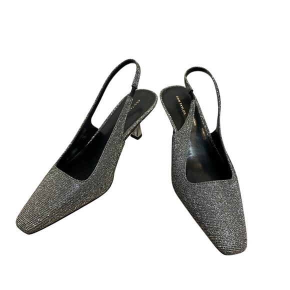 Ann Taylor Shoes - Ann Taylor Kitten Heels Shimmer Square Toe Slingback Pumps Silver Sparkle 8